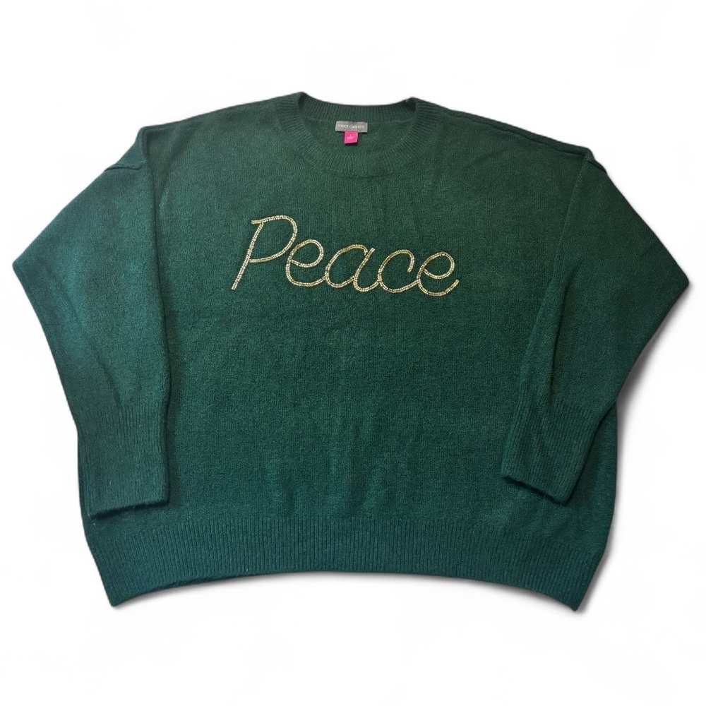 Vince Camuto Green “Peace” Beaded Sweater L – Cozy Holiday Pullover